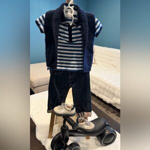 BURBERRY Vest, Striped Polo Shirt, Jeans, & GOLDEN GOOSE sneakers